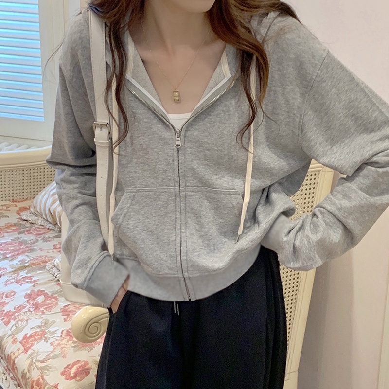 Áo khoác hoodie SUXI thể thao tay dài màu sắc đơn giản dễ phối đồ cho nữ
