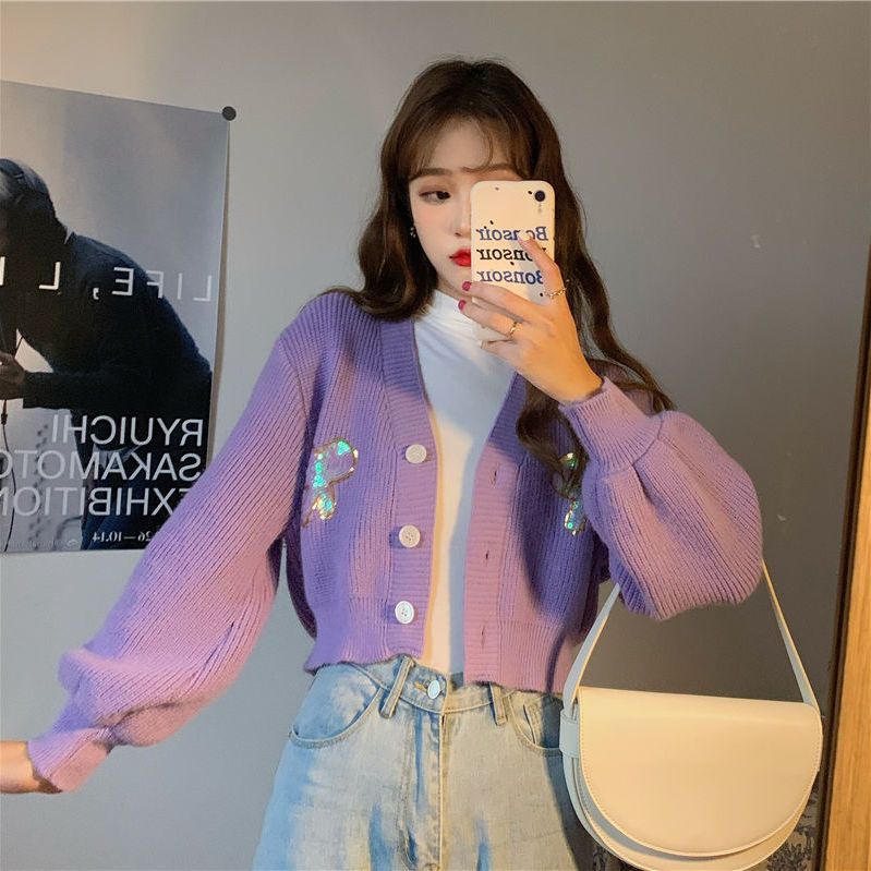 Jiashucheng Áo Khoác Sweater Tay Dài Dáng Rộng Ngắn Màu Tím Phong Cách Hàn Quốc Cho Nữ