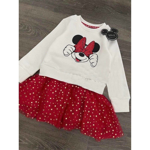 sét bộ chân váy bé gái, áo thu đông dài tay mickey nỉ da cá xuất dư mềm phối chân ren đỏ kim tuyến cực xinh