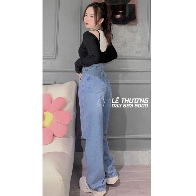 Set baggy jeans ống suông+ áo gân tay dài giả yếm