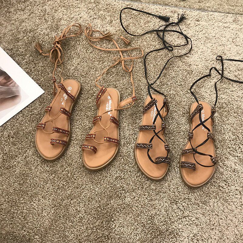 Sanya Sandal ins Hợp Thời Trang Pháp Niche Ren-Up Sandal Bohemian Ren-Up Flat La Mã Giày