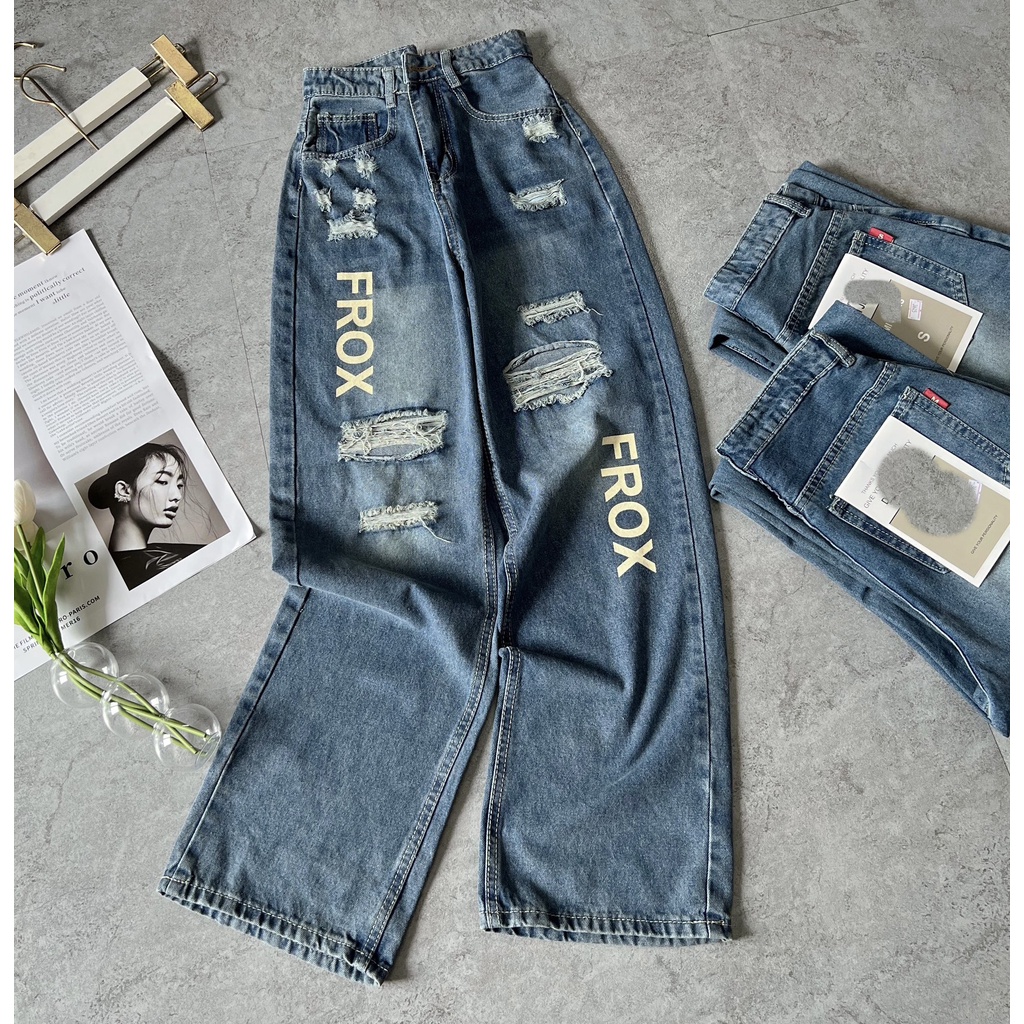 [ ORDM3605 ] QUẦN JEANS ỐNG RỘNG NỮ LƯNG CAO RÁCH CÀO ĐÙI PHỐI CHỮ FROX MÀU XANH ĐẬM LAI CUỐN TÔN DÁNG | BigBuy360 - bigbuy360.vn