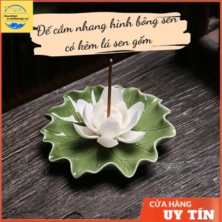 Đế cắm nhang hình bông hoa sen kèm lá sen gốm sứ cao cấp siêu đẹp sen trắng mini