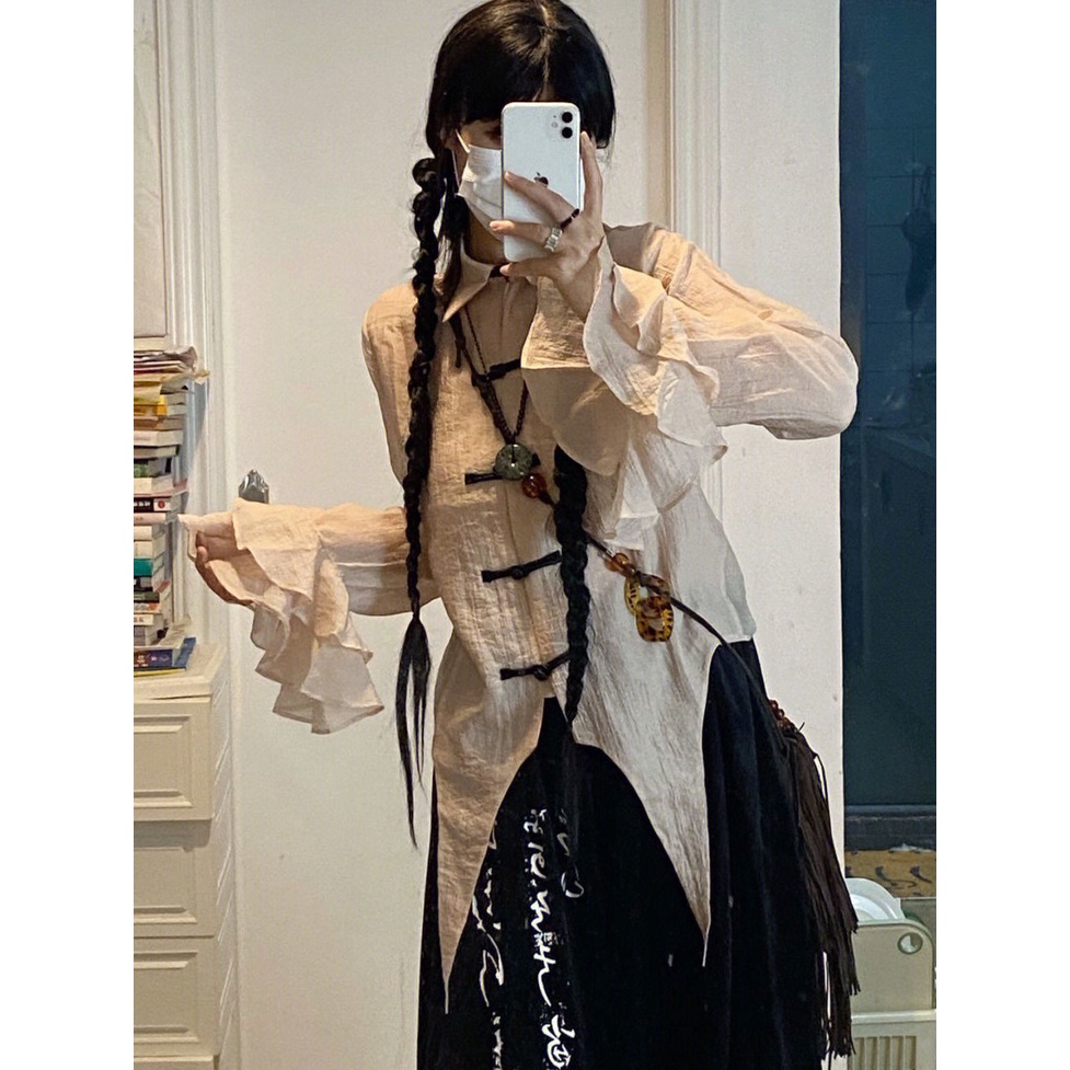 Bộ Áo Sơ Mi Tay Loe Cài Nút + Quần Cạp Cao Ống Rộng Phong Cách Trung Hoa Mới 2022 10.24