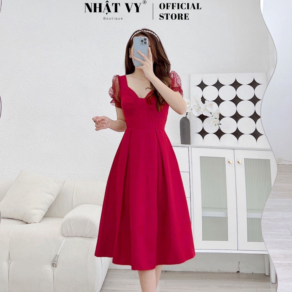 Đầm dự tiệc Nhật Vy cổ cách điệu dáng nơ ngực phối tay ren chất cotton phù hợp đi chơi , du lịch sang chảnh - D2481