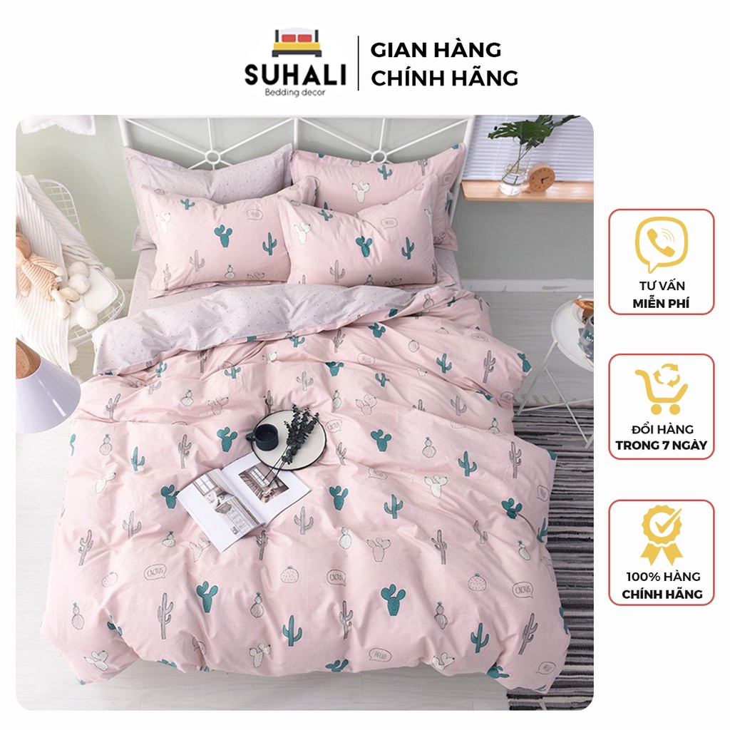 Bộ chăn ga giường cotton poly xương rồng hồng Suhali Shop, vỏ chăn mền, drap nệm và 2 vỏ gối