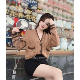 Áo Cadigan len muối tiêu viền cổ phối túi dáng ngắn áo cadigan nữ đẹp