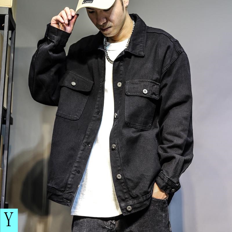 Áo Khoác Denim Màu Đen Trơn Dáng Rộng Phong Cách Đường Phố Nhật Bản Cá Tính Cho Nam