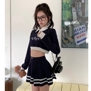 Bộ Áo Nỉ Dài Tay In Họa Tiết + Chân Váy Mini Lưng Cao Xếp Ly Thời Trang Hàn Quốc Cho Nữ #7