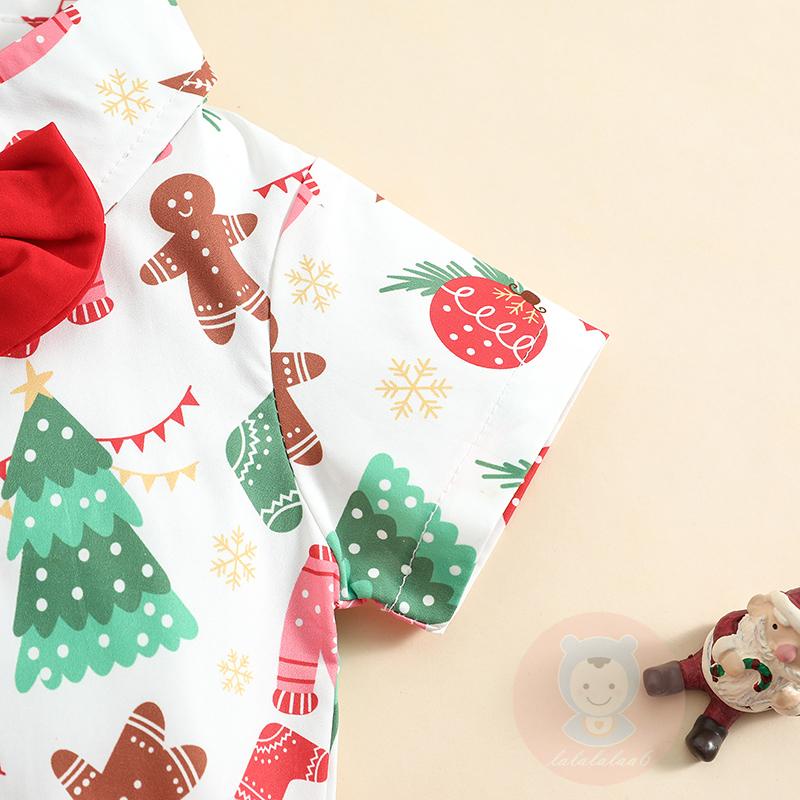 Laa6-boys Set Áo Thun Ngắn Tay In Hình Cây Thông Giáng Sinh Phối Nơ + Quần Short Giản Dị