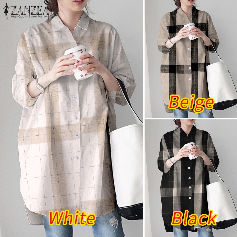 Áo sơ mi ZANZEA tay dài cổ bẻ in sọc caro phong cách Hàn Quốc cho nữ