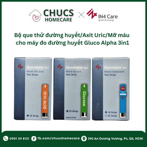 Bộ que thử đường huyết/mỡ máu/axit uric cho máy Gluco Alpha 3in1 ET-311