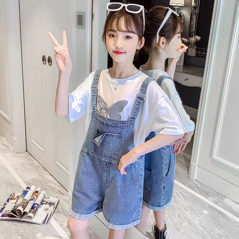 Quần Short Yếm Jean Màu Xanh Dương Dáng Rộng Phong Cách Thời Trang Mùa Hè Hàng Mới Dành Cho Bé Gái 8-14 Tuổi