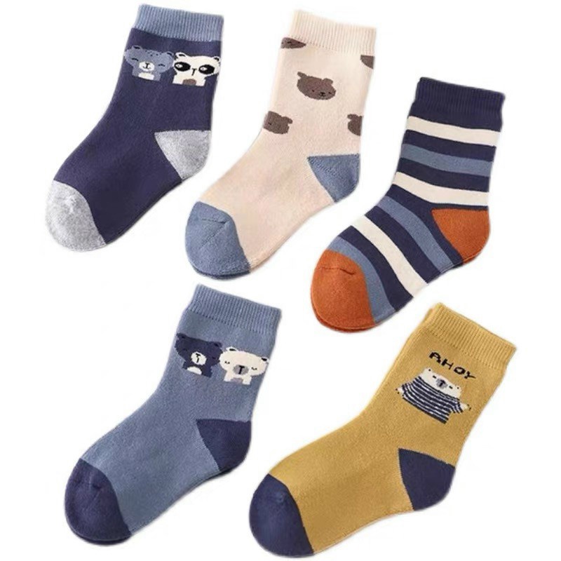 Set 10 Đôi Tất Cổ Cao Trẻ Em Hình Gấu Kẻ Tone Vàng Xanh