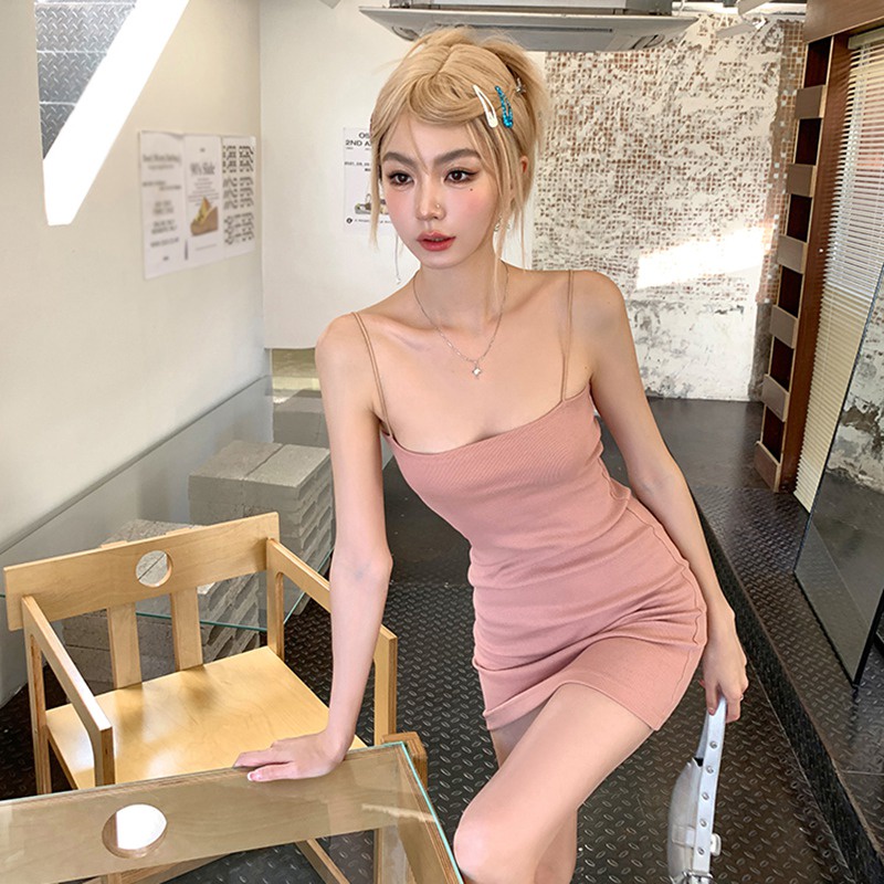 Đầm Hai Dây Hở Lưng Màu Sắc Đơn Giản Phong Cách Hàn Quốc Cho Nữ