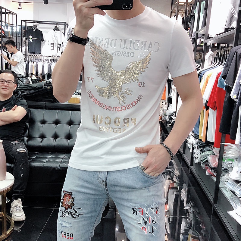 Áo Thun Tay Ngắn Cổ Tròn In Hình Đại Bàng 47% Vải Lụa Lạnh Nhanh Khô Thời Trang Mùa Hè Cho Nam