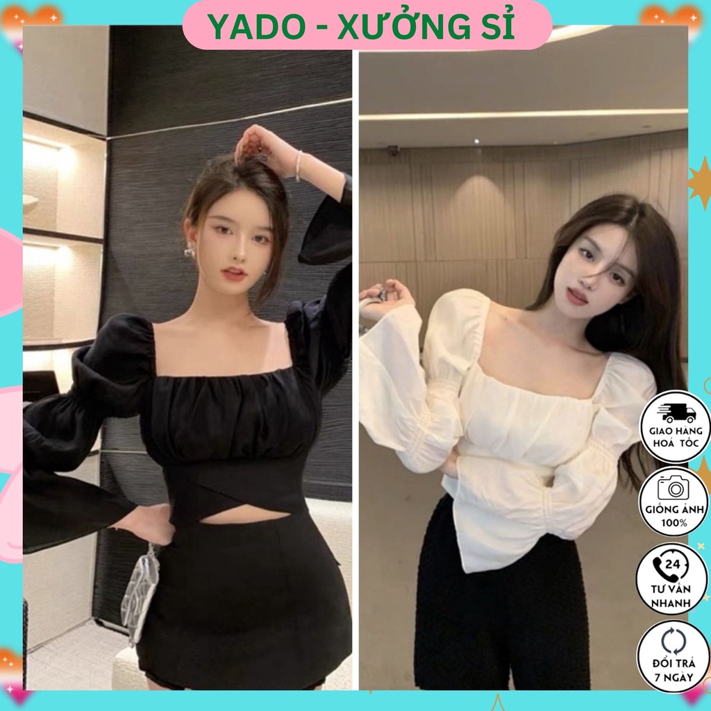 Áo croptop von tơ tay phồng cổ vuông rúm ngực hở lưng phối nơ YADO - Áo sơ mi kiểu tiểu thư thời trang Hàn Quốc ACT26