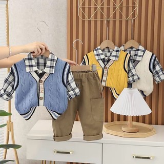 Bộ quần áo sơ mi áo gile len cho bé trai