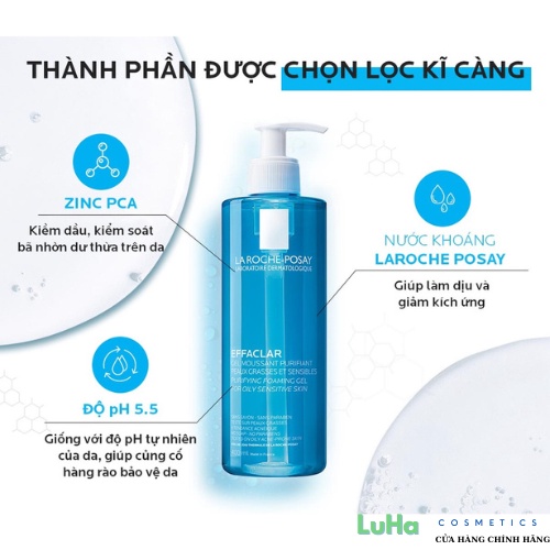 Sữa rửa mặt La Roche-Posay Effaclar Purifying Foaming Gel tạo bọt dành Cho Da Dầu, da Nhạy Cảm 400ml, LuHa_Cosmetics