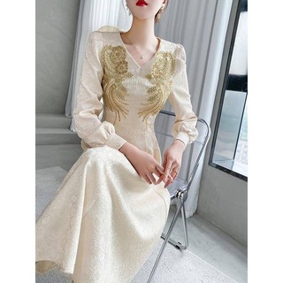 Đầm Dáng Dài Cổ Chữ V Nhấn Eo Cao Tôn Dáng Hợp Thời Trang Kiểu Pháp