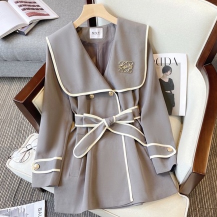 Thời trang nữ áo Khoác thủy thủ dài tay kèm đai thắt lưng