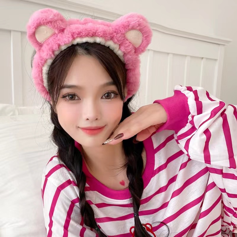 Băng Đô Cài Tóc Hình Tai Gấu Bông Màu Hồng Đáng Yêu