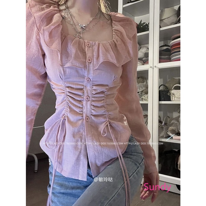 Áo Kiểu Tay Dài Cổ Vuông Phối Dây Rút Thời Trang Xuân Thu Quyến Rũ Cho Nữ