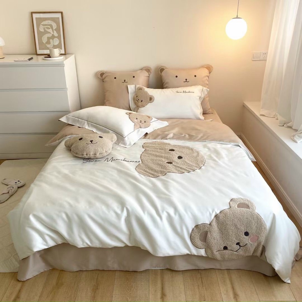 Bộ chăn ga lụa thêu gấu 7 món