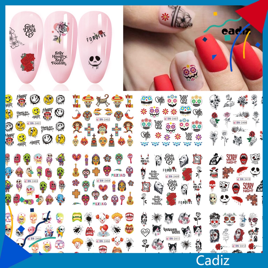 Miếng Dán Trang Trí Móng Tay Họa Tiết Đầu Lâu Không Phai Màu Phong Cách Halloween