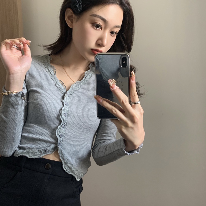 Áo Thun Dệt Kim Tay Dài Phối Ren Thiết Kế Mới Thời Trang Mùa Thu Cho Phái Nữ