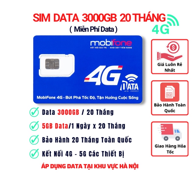 Sim Mobifone , Data 3000GB , 5GB/1 Ngày và Sử Dụng 20 Tháng Tại Hà Nội , Bảo Hành 2 Năm