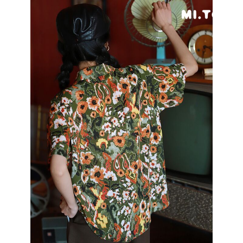 Áo Sơ Mi Tay Ngắn Dáng Rộng In Họa Tiết Phong Cách Retro Thời Trang Cho Nữ