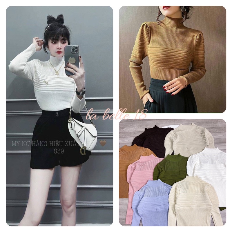 Áo Len Tay Bồng Phối Ren Cổ 3 Phân Áo Kiểu Dài Tay Thu Đông