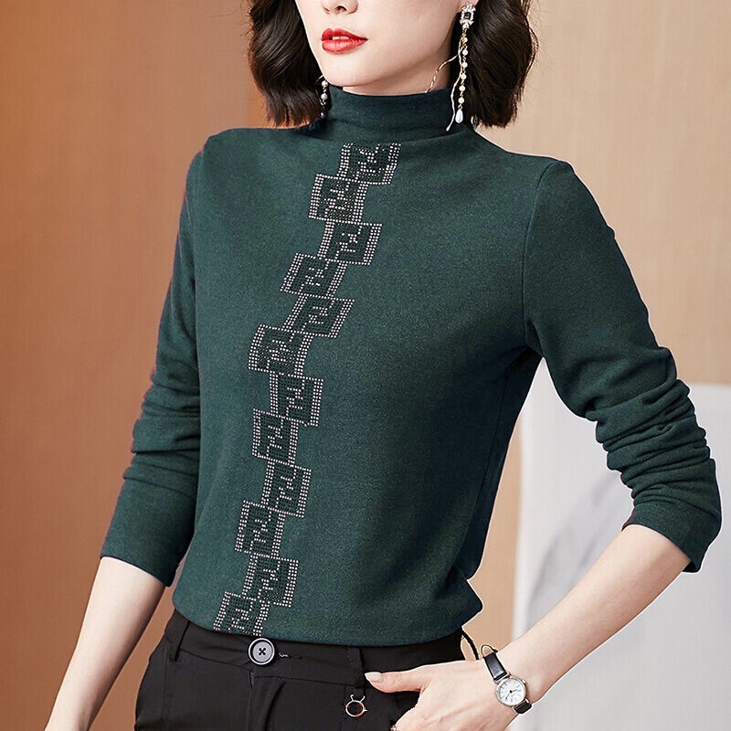 Áo Thun Hai Mặt Tay Dài Cổ Cao Vừa Vặn Phong Cách Thu Đông Mới Dành Cho Phụ Nữ Trung Niên Có Kích Thước Lớn Tuổi 100kg
