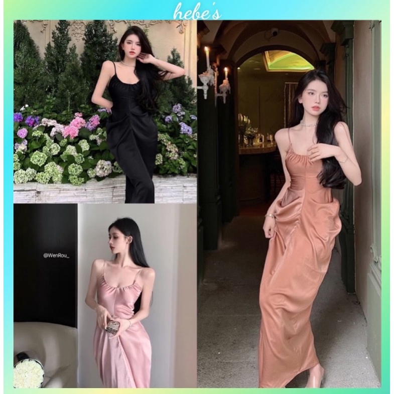 Đầm maxi lụa dài hai dây trơn phong cách sexy quyến rũ thời trang nữ hebe's MSP C41