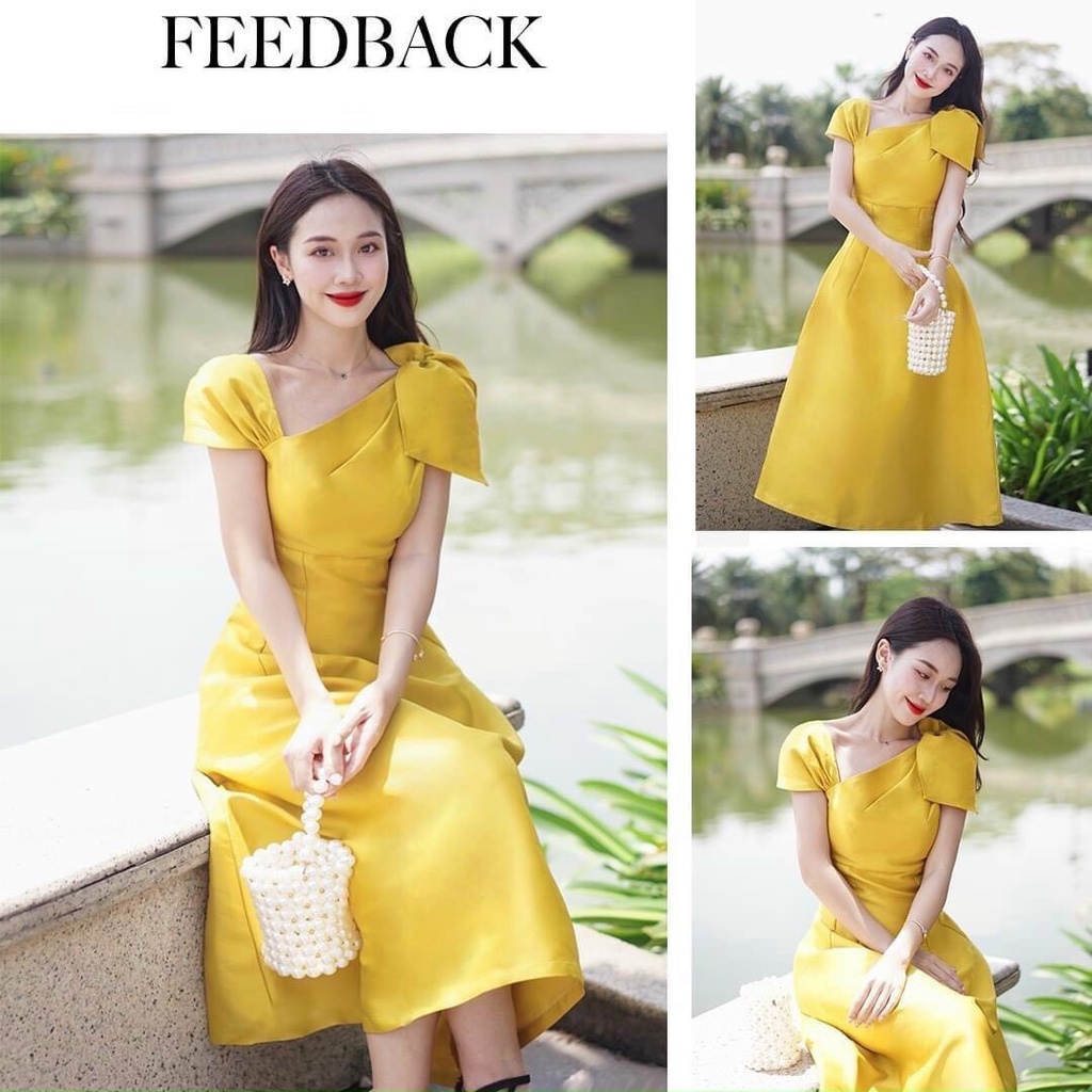 Đầm Nữ Thiết Kế Cực Sang, Dáng Xòe Dài, Màu Vàng Sang Chảnh Kiểu Cổ Vuông Vai Trên Đính Nơ Cực Hot