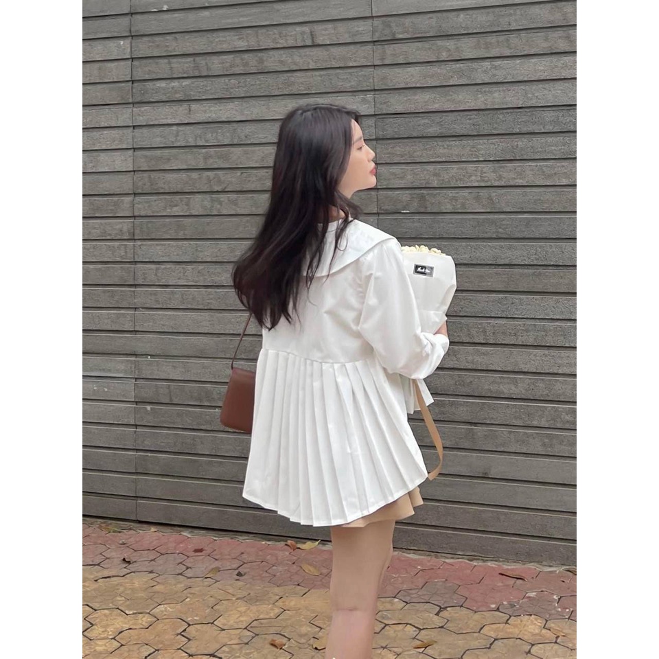Áo Sơ Mi Cổ Sen Dập Li Lưng Dáng Suông Rộng Babydoll (TRẮNG) TN1458