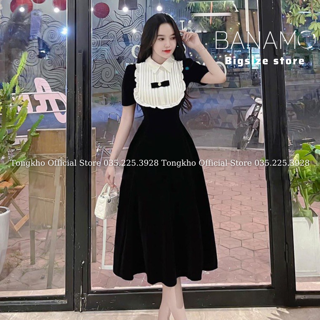 Váy nhung nữ BIGSIZE đầm nhung đen cổ nơ pha bèo trắng tiểu thư 556 | BigBuy360 - bigbuy360.vn