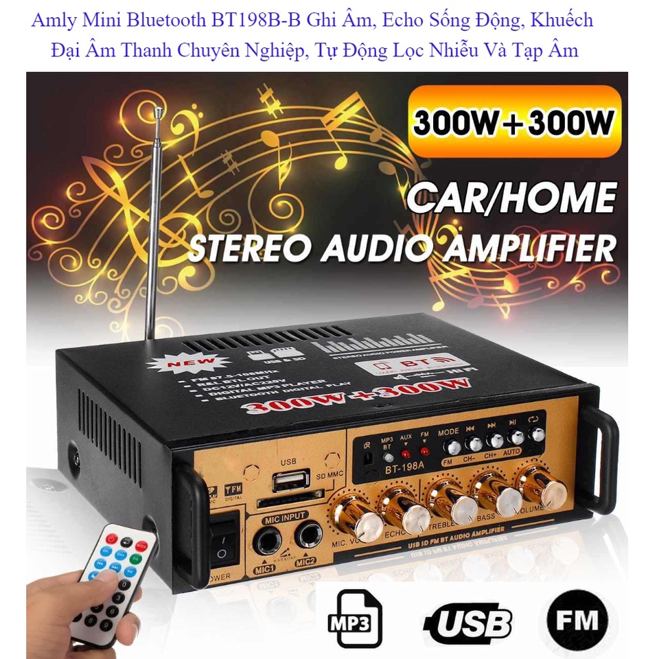 Ampli Mini Loa Amly Bluetooth BT198B 600W Cao Cấp Loại Tốt, Amply Hát Karaoke Gia Đình, Dễ kết nối, Bảo hành chính hãng