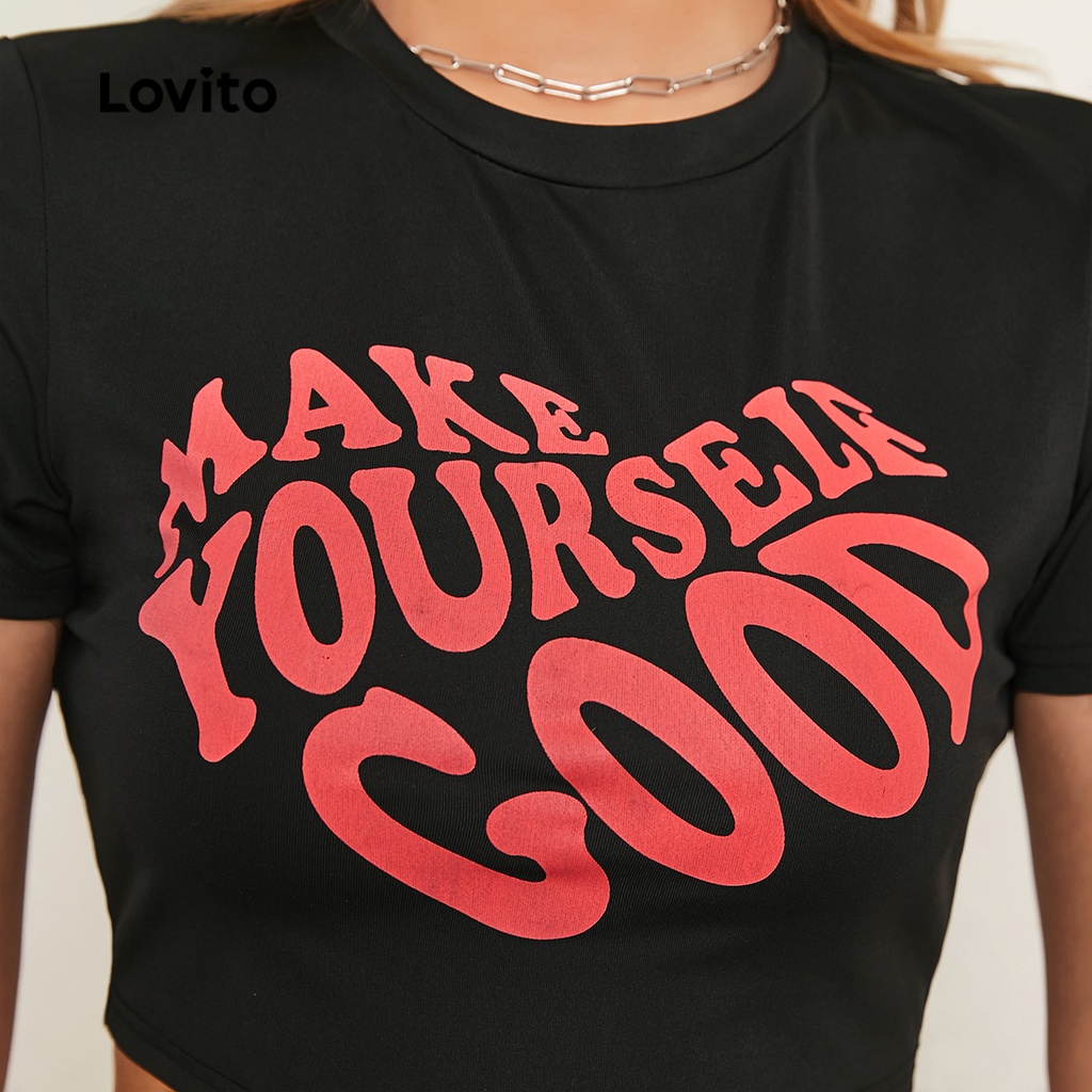 (Hàng có sẵn) Lovito Áo Thun Lửng In Chữ L20D1413 Màu Đen