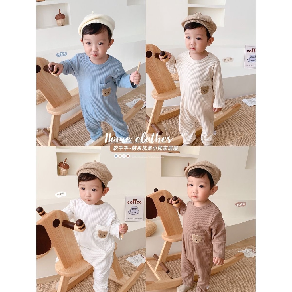 Bộ Áo Liền Quần Tay Dài Vải Cotton In Hình Gấu Đáng Yêu Cho Bé Sơ Sinh Từ 0-2 Tuổi