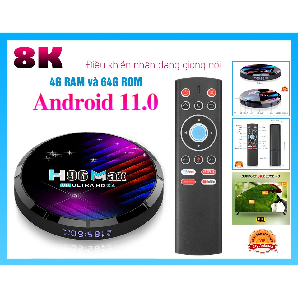 TVBOX siêu xịn H96max 8K 64G 4G Android 11 + Điều khiển Nhận dạng giọng nói