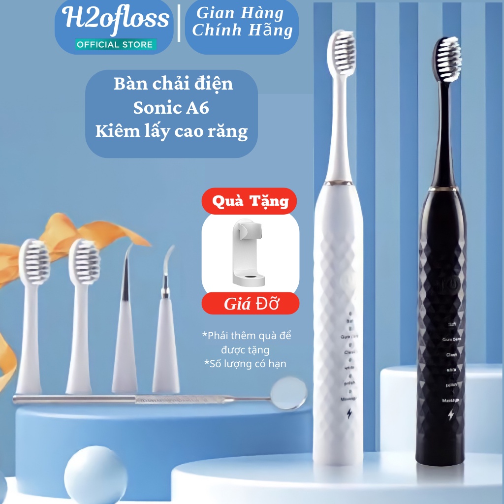 Bàn Chải Điện Sonic A6 Kiêm Lấy Cao Răng, Với 6 chế độ sử dụng công nghệ rung sóng âm cao cấp, Chống Thấm Nước IP-X7