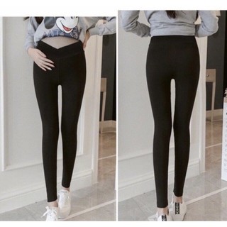 [Quà tặng vòng dâu tằm]Quần legging bầu cạp chéo chất cotton zip