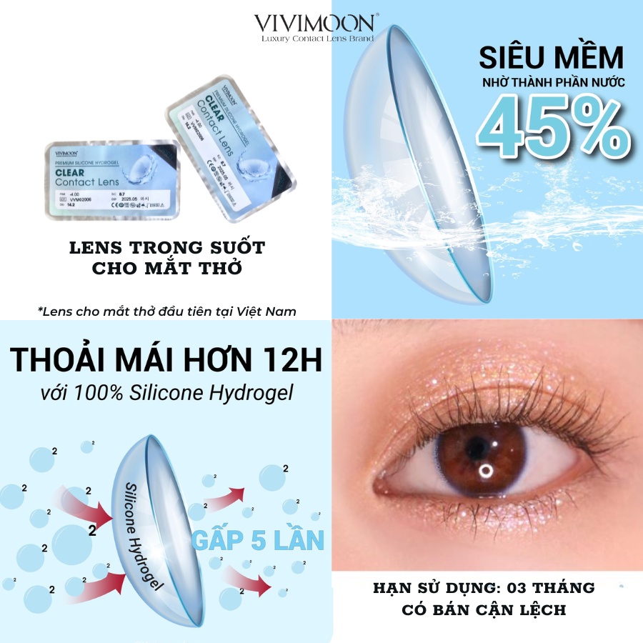 Kính áp tròng cận trong suốt 3 tháng không giãn chống ánh sáng xanh chất liệu cao cấp Vivimoon