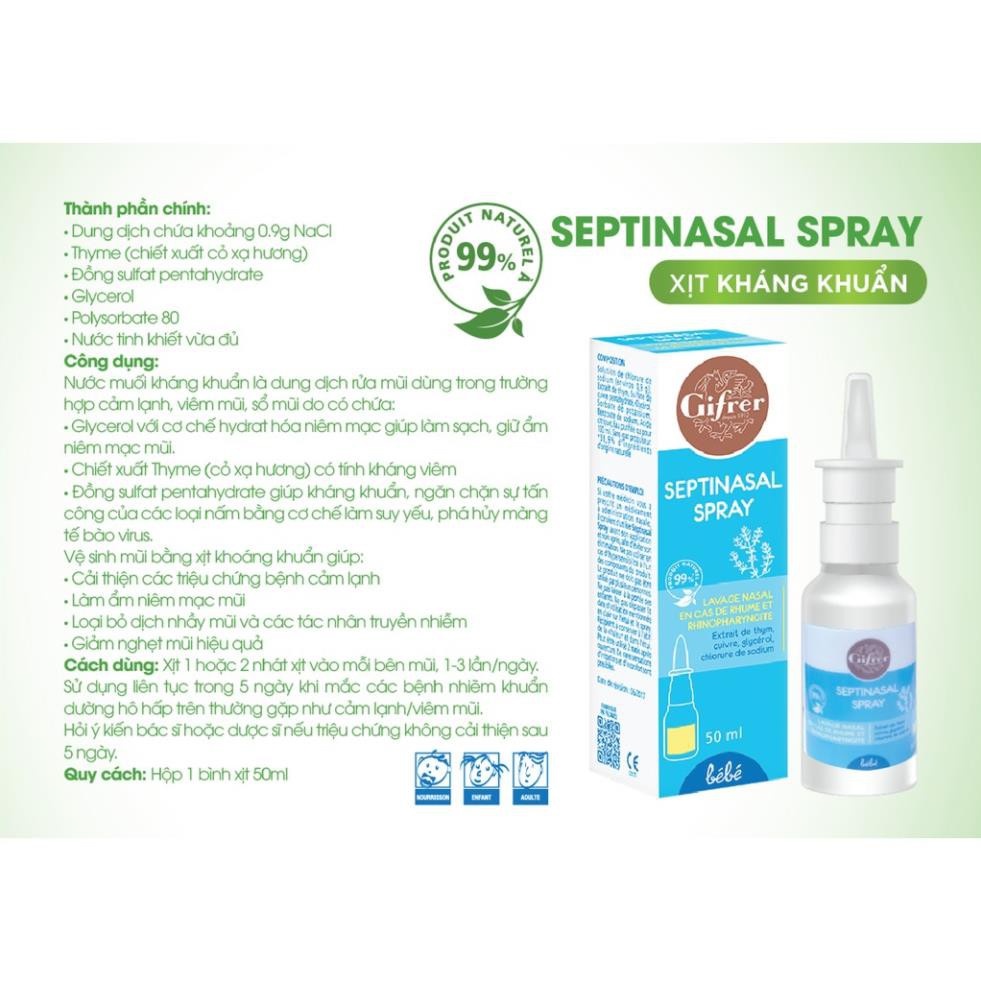 Gifrer Septinasal Spray / Fysoline vàng - Nước muối biển sâu (Pháp) xịt vệ sinh mũi, giảm sổ mũi, nghẹt mũi trẻ em