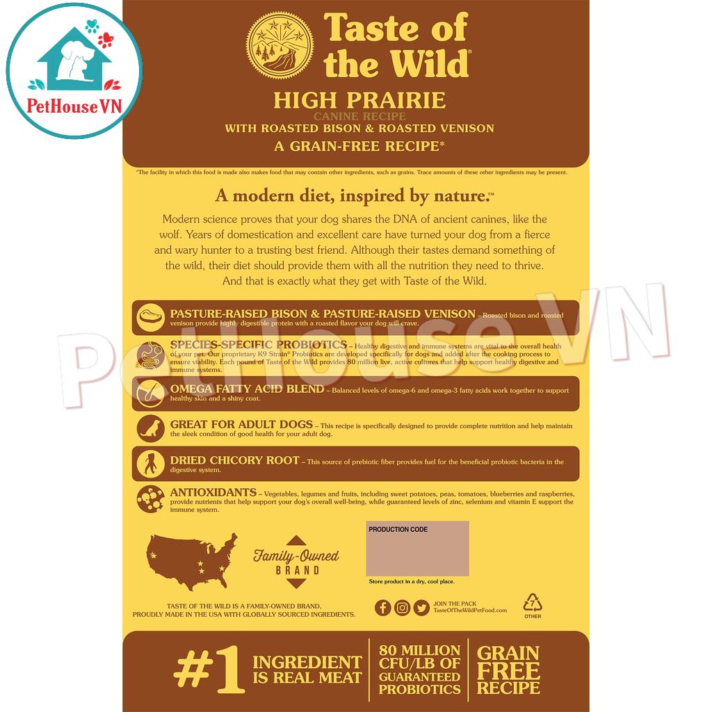 TASTE OF THE WILD HIGH PRAIRIE - Túi 50G Thức Ăn Hạt Cho Chó Trưởng Thành Vị Bò Rừng Nướng & Nai Nướng Hàng Chính Hãng