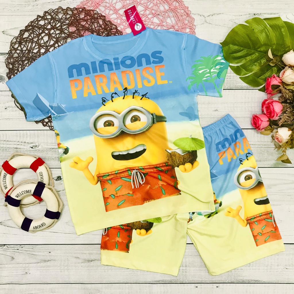 Đồ bộ cho bé, đồ bộ thun lạnh cộc tay bé trai, bé gái in 3D hình Minion size đại cho bé 10 - 60kg