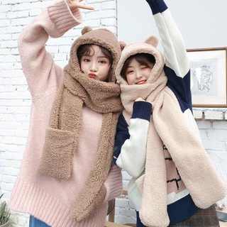 Mũ len nữ thời trang Hàn Quốc , nón lông cừu tai gấu kèm găng tay và khăn quàng cổ cute ấm áp