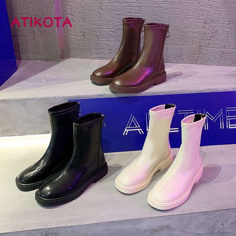 Atikota Giày Bốt Martin Da Cổ Thấp Đế Dày Mũi Tròn Phối Khóa Kéo Thời Trang Cho Nữ